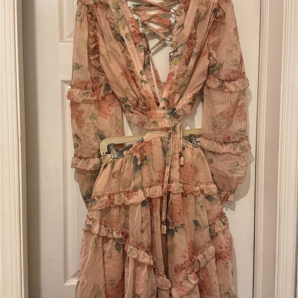 L'ATISTE Orange and Pink Ruffled Tie Front Sundress